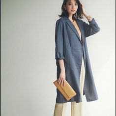 Linen Cotton Blend Long Coat In Olive Green In Xs. Goes Great With Dresses And Jeans. Brand New With Tags. 52% Linen 48% Cotton Office Linen Outerwear With Pockets, Spring Long Sleeve Blazer With Pockets, Casual Stand Collar Blazer For Office, Casual Linen Outerwear With Hidden Button Closure, Spring Blazer With Stand Collar And Pockets, Spring Blazer With Pockets And Stand Collar, Chic Linen Outerwear For Everyday, Chic Linen Everyday Outerwear, Everyday Spring Blazer With Lapel Collar