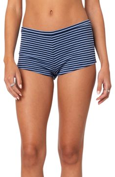 A low-rise waist creates a cozy fit in these stretchy, striped cotton shorts that are perfect for lounging. Elastic waist 95% cotton, 5% spandex Machine wash, dry flat Imported Stretch Striped Shorts, Striped Pajama Shorts With Built-in Shorts, Striped Bottoms With Built-in Shorts, Striped Cotton Pajama Shorts, Striped Short Length Bottoms For Loungewear, Striped Short-length Loungewear Bottoms, Striped Short Length Loungewear Bottoms, Casual Striped Stretch Shorts, Blue Fits