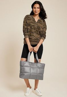 Quilted Tote Bag | maurices Packable Shoulder Bag For On-the-go, Packable Tote Shoulder Bag For On-the-go, Nylon Tote Shoulder Bag, Versatile Large Capacity Gray Bag, Versatile Rectangular Nylon Bag, Trendy Packable Pouch Bag, Packable Pouch Bag For On-the-go, Trendy Gray Travel Bag, Nylon Shoulder Bag For Shopping