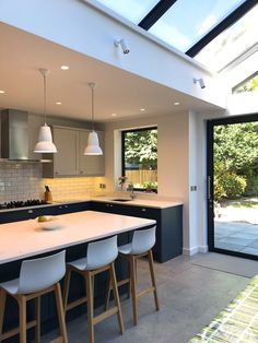 a kitchen with an island and bar stools