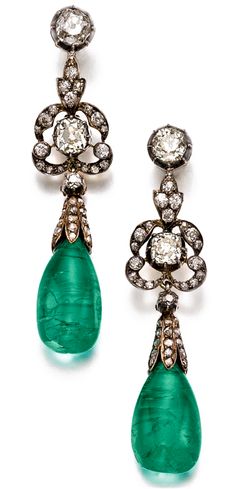 Sotheby'sPair of emerald and diamond ear clips, late 19th century LOT SOLD. 225,000 CHF . mm Moonstone Drop Earrings, Ear Clips, Fabulous Jewelry, Antique Earrings, Emerald Jewelry, Victorian Jewelry, Design Set, Antique Jewellery