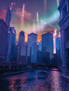 fireworks are lit in the sky over a river and cityscape with boats on it