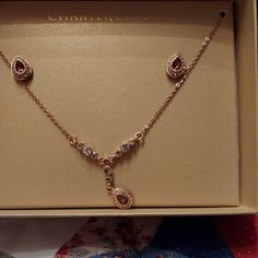 Charter Club Necklace And Earrings Set Rose And Clear Colored Stones New With Tag Never Worn Still In Original Box There Are 2 Tags One In Box And One Inside Box Behind Necklace Comes From Smoke Free Pet Free Home Elegant Rose Gold Jewelry Sets For Valentine's Day, Multicolor Crystal Choker Necklace For Gift, Elegant Gold Multi-stone Bridal Necklace, Party Multi-stone Crystal Necklace, Festive Gold Multi-stone Bridal Necklace, Gold Multi-strand Crystal Party Necklace, Club Earrings, Faceted Glass Bead Necklace, Club Jewelry