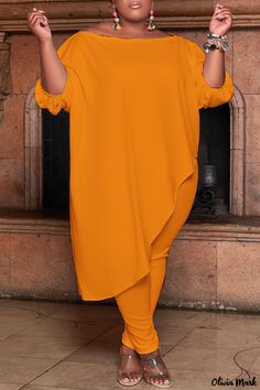 Olivia Mark - Professional Womens Plus Size Orange Solid Asymmetrical Two-Piece Casual Ensemble featuring Stylish Oblique Collar Plus Size Set, Plus Size Two Piece, Shirt Pant Set, How To Hem Pants, Orange Fashion, One Shoulder Tops, Suit Fashion, Plus Size T Shirts, Tops For Leggings