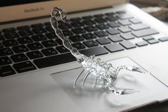 a glass scorpion sitting on top of a laptop computer