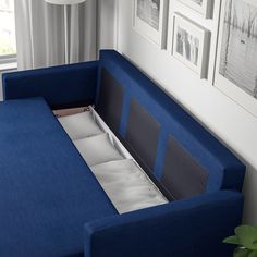 a blue couch with a pull out bed in the middle and pictures on the wall above it