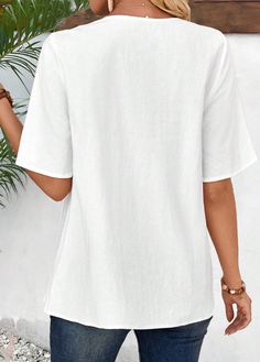 Non-stretch White Tops, Non-stretch White Solid Top, White Solid Color Beach Shirt, Non-stretch Short Sleeve Blouse For Beach, Solid Color Short Sleeve Tops For Vacation, Bohemian Short Sleeve Solid Top, Solid Color Short Sleeve Cotton Blouse, Short Sleeve Solid Color Cotton Blouse, Solid Color V-neck Blouse For Vacation