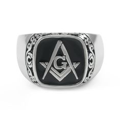 Please select your ring size in the drop down bar Available sizes: 7 8 9 10 11 12 13 14 Sterling silver Square Faced Masonic ring with Square and Compass surrounded by black enamel and beautiful filigree design on the border. Designed exclusively by our company for the members of Freemasonry. * Materials: 925 Sterling Silver - Rhodium Finishing - Black Enamel * Product includes lifetime warranty: We pride ourselves in our high quality products and stand by our craftsmanship. If for any reason yo Symbolic Black Stainless Steel Rings, Spiritual Black Engraved Sterling Silver Ring, Formal Black Engraved Ring With Engraving Option, Black Engraved Ring For Formal Occasions, Black Symbolic Sterling Silver Jewelry, Black Sterling Silver Symbolic Jewelry, Symbolic Black Promise Ring, Symbolic Black Promise Ring Jewelry, Symbolic Black Jewelry For Promise