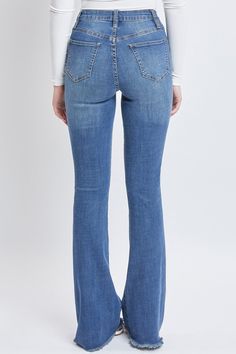 Talk about booty for days! Our Women High-Rise Flare Jean With Frayed Hem is designed with a super high-rise, single-button closure with front zip, classic five pocket construction, a super trendy flared fit with frayed hem, slight distressing and whiskers along front, and belt loops. Style with a bodysuit and heels for a stunning, anytime look! Measurement (Based on size 5) - Inseam: 34” - Rise (To top edge of band): 10” - Leg Opening: 21” - Model is wearing size 3 Machine wash cold. Tumble dry High Rise Flare Jeans, Ymi Jeans, Midnight Sky, L And Light, Light Blue Color, Medium Blue, Love Your, Flare Jeans, Talk About