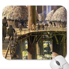 a computer mouse pad with a painting of people walking across a bridge over bamboo huts