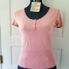 #605 Nwt Rena Rowan Ps Pink Stretch Knit Top W Crochet Trim & Buttons, $52, Not Lined Obo! #Crew Neck Sweaters #Texture #Hot Fall Trend #Ribbed Sweater #Crochet Trim Edge #Restyled #Reused #Recycle #Repurpose #Sustainable #Eco-Friendly All Of My Items Are From Smoke And Other Smells Free Environment. Measurements Are In The Pictures. All Reasonable Offers Will Be Considered. Dummy That The Item(S) Is Displayed On Approximated Measurements (Around = Circumferences). Bust 34.25" Waist 26" Hips (Bo Feminine Fitted Cotton Knit Top, Feminine Fitted Knit Top, Fitted Feminine Knit Top, Pink Fitted Short Sleeve Knit Top, Feminine Fitted Knit Top With Crew Neck, Feminine Fitted Crew Neck Knit Top, Fitted Cotton Pointelle Knit Top, Crew Neck Sweaters, Fall Trend