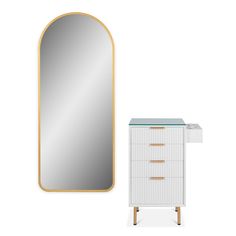 a white dresser and mirror next to each other on a white surface with gold trim