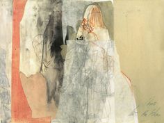 an abstract painting with different colors and shapes on it's surface, including the image of a woman in a white dress