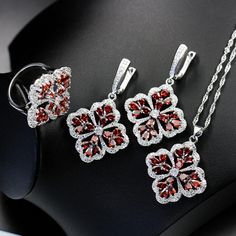 Bridal Jewelry Sets-Shiny CZ Big Lucky Leaf Many Colors Silver Color Jewelry Set Earrings Ring Necklace Set For Women Model Number:4001004873488 Formal Silver Flower Jewelry Sets, Formal Silver Flower-shaped Jewelry Sets, Red Ruby Jewelry Sets As Gift, Red Ruby Jewelry Sets For Gifts, Elegant Red Flower-shaped Jewelry, Flower-shaped Ruby Jewelry For Wedding, Formal Flower Shaped Jewelry For Valentine's Day, Ruby Flower Shaped Jewelry For Wedding, Red Flower Shaped Jewelry For Formal Occasions