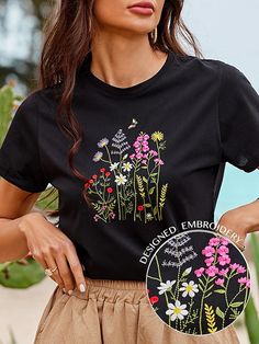 Embroidery On Black Tshirt, Fitted Embroidered T-shirt For Spring, Embroidered Fitted T-shirt For Spring, Black Embroidered T-shirt For Summer, Embroidered Black T-shirt For Spring, Black Embroidered T-shirt For Spring, Black Embroidered Summer T-shirt, Trendy Black Tops With Floral Embroidery, Black Floral Embroidery T-shirt For Summer