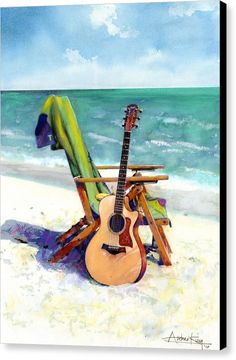 a painting of a guitar and chair on the beach