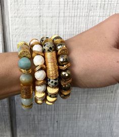 Faceted Gemstone Gold Ruffle Washer Chunky Bracelet | Amazonite Bracelet | Turquoise Bracelet | Pyrite Bracelet | Dalmatian Jasper Bracelet by GildedBug on Etsy Bohemian Gold Rondelle Bracelets, Gold Bohemian Rondelle Bracelets, Bohemian Faceted Gold Bracelets, Bohemian Gold Faceted Bracelets, Chunky Beaded Bracelets, Chunky Bracelets Beads, Edgy Boho, Color Bracelets, Stacked Bracelets