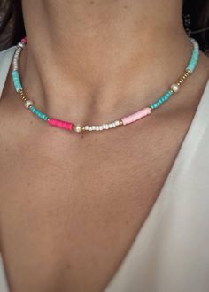 Necklace made of Katsuki beads, Toho beads and Natural Pearls. Clasp made of gold-plated sterling silver Length: 38, 40, 42, 45 or 50 cm. The size of the beads: approx. 2-4 mm. A perfect holiday necklace! A combination of Katsuki beads in beautiful, deep colors of pink and blue, Toho beads in white and gold and Natural Pearls. The perfect idea for a holiday accessory. It will blend in beautifully with holiday stylizations and bathing suits. Vivid colors are currently incredibly fashionable, they Dainty Gold Heishi Beads Jewelry, Gold Heishi Beads Jewelry, Gold Heishi Beads Jewelry With Colorful Beads, Gold Heishi Beaded Chain Jewelry, Gold Jewelry With Heishi Beads And Beaded Chain, White Rondelle Jewelry With Tiny Beads, White Rondelle Bead Jewelry, Gold Jewelry With Colorful Heishi Beads, White Rondelle Beaded Jewelry