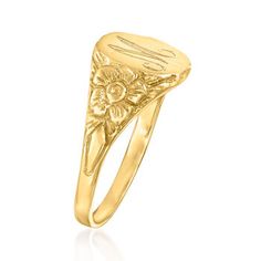 Ross-Simons - Plain - 14kt Yellow Gold Floral Signet Ring Size 8. Shining with etched floral designs in satin and polished 14kt yellow gold, this signet ring presents a feminine look for an age-old symbol of status and luxury. 3/8" wide. 14kt yellow gold floral signet ring. Old Symbols, Sunflower Ring, Sunflower Necklace, Fine Jewelery, Floral Studs, Natural Gold, Flower Pendant Necklace, Jade Carving, Enamel Flower