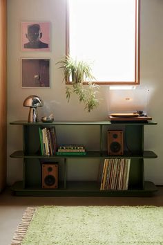 a green shelf with books, record players and a potted plant on it in front of a window