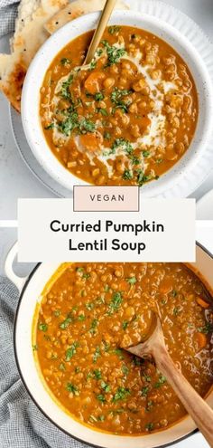 two bowls of curried pumpkin lentil soup with bread on the side and spoon in it