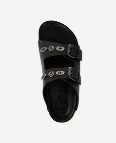 Black leather sandals | The Kooples - US Luxury Rivets Sandals For Women, Luxury Women's Rivets Sandals, Luxury Sandals With Rubber Sole And Round Toe, Black Leather Flats, Leather Sandals Flat, Black Leather Sandals, The Kooples, Modern Outfits, Off Black