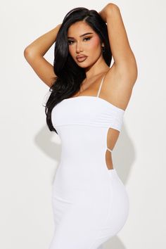 Available In Yellow, Black, And White. Maxi Dress Adjustable Spaghetti Straps Square Neckline Back Cut Outs Double Lined Stretch 95% Polyester 5% Spandex Imported | Emery Double Lined Maxi Dress in White size XL by Fashion Nova White Bodycon Dress With Straps, White Stretch Mini Dress With Built-in Bra, White Strap Bodycon Dress, Seamless Stretch Backless Mini Dress, Stretch Seamless Backless Mini Dress, Strappy Stretch Beach Dress, White Fitted Cami Mini Dress, White Strapless Mini Dress With Built-in Bra, White Halter Neck Mini Dress With Built-in Bra