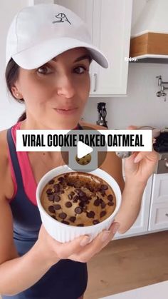 a woman is holding a bowl of baked oatmeal in her hands with the caption virtual cookie baked oatmeal