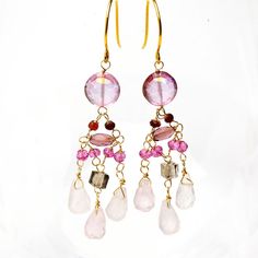 Pink Drop Earrings With Dangling Charms, Pink Dangling Charms Drop Earrings, Elegant Pink Chandelier Earrings With Dangling Beads, Pink Dangle Chandelier Earrings As Gift, Pink Gemstone Dangle Jewelry, Elegant Pink Long Drop Chandelier Earrings, Pink Amethyst Wire Wrapped Jewelry, Pink Sterling Silver Chandelier Earrings As A Gift, Bohemian Pink Gemstone Earrings