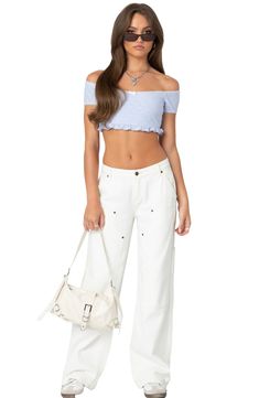 This off-the-shoulder top is majorly cropped and features beautiful eyelet details all over. Off-the-shoulder neck Short sleeves 95% polyester, 5% spandex Machine wash, dry flat Imported Casual Cropped Off-shoulder Top For Day Out, Casual Spring Cropped Off-shoulder Top, White Cropped Off-shoulder Top For Spring, White Cropped Off-shoulder Top, White Casual Cropped Off-shoulder Top, White Cropped Off-shoulder Casual Top, Blue Fits, Shoulder Crop Top, Nordstrom Store