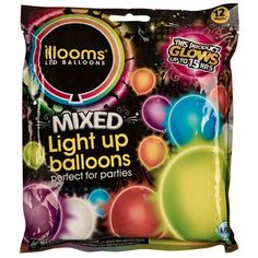 a bag of mixed light up balloons in various colors and sizes on a white background