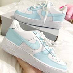 In stock. Going soon. Baby Blue Custom Air Force 1 Low/Mid/High Sneakers only at $186.00.. Cute Nike Shoes For Women, Paint For Shoes, Blue Custom Air Force 1, Blue Air Force 1, Crease Protector, Skor Sneakers Nike, Παπούτσια Nike Free, Nike Shoes Women Fashion, Buty Marki Nike