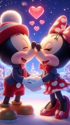 mickey and minnie kissing in the snow with hearts floating above them on valentine's day