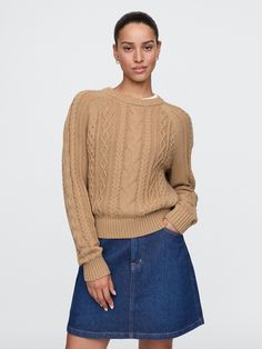 Soft cotton cable-knit sweater.  Crewneck.  Long sleeves.  Fit: Classic.  A straight & easy fit.  Hits at the hip.  Models wearing Gap Cotton Cable Knit Sweater, Camel Sweaters, Brand Collaboration, Family Event, Sweaters Crewneck, Cable Knit Sweater, Toddler Gifts, Cable Knit, Knit Sweater