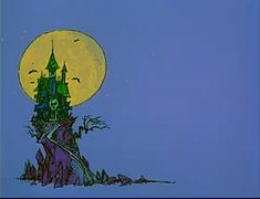 an animated castle with a full moon in the background and trees on it's side