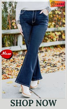 Blue Plus Size Deep Wash Mid-waist Flared Jeans Solid Color Denim Bottoms For Fall, Fall Denim Bottoms In Solid Color, Blue Solid Color Bottoms For Fall, Flared Jeans, Flare Jeans, On Sale, Plus Size, Free Shipping, Blue