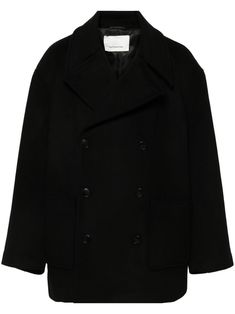 black wool blend double-breasted button fastening spread collar shoulder pads long sleeves two side patch pockets full lining straight hem Mens Wool Coats, The Frankie Shop, Black Wool Coat, Frankie Shop, Wool Peacoat, Oc Ideas, Balenciaga Triple S, Double Breasted Coat, Sweaters Knitwear