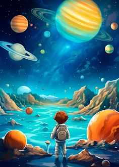 Young child with a backpack standing at the edge of a serene water body, gazing at a vivid cosmic scene with multiple colorful planets, rings, and a starry sky My Dream School Project, Space Artwork Illustration, Cute Space Themed Drawings, Space Themed Poster, Space Exploration Art, Dream Illustration Imagination, Nursery Poster Ideas, Imagination Art Dreams, Cosmic Posters