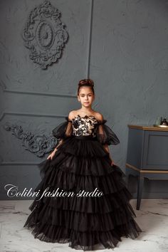 Halloween Wedding Flower Girl, Gothic Flower Girl Dress, Princess Style Tutu Dress For Quinceanera, Princess Style Ball Gown Tutu Dress For Quinceanera, Elegant Princess Dress For Quinceanera, Quinceanera Tulle Pageant Dress With Ruffles, Black Princess Style Ball Gown For Party, Black Princess Style Prom Dress, Elegant Ruffled Princess Dress For Quinceanera