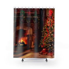 a shower curtain with a christmas tree and fireplace