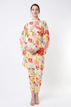 Shop for Seams Pret And Couture Multi Color Crepe Printed Tunic And Pant Set for Women Online at Aza Fashions Yellow Kurta, Pants Fit, Indian Fashion Designers, Yellow Print, Band Collar, Kurta Set, Print Tunic, Floral Motifs, Pant Set