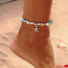 "8\" Boho beach ankle bracelet with starfish charm, shell beads, acrylic beads and a 1-7/8\" extender chain and lobster claw clasp. See description below for size details. - 1 bracelet per package Approx. Size: Length: 25cm (8\") Extender Chain: 6cm (1-7/8\") Color: Turquoise blue, bone, silver One order = 1 bracelet Note: This bracelet contains small beads and is for adult use only. Cadmium, nickel and lead free Made in China" Starfish Anklets, Anklets Jewelry, Beaded Starfish, Beach Foot Jewelry, Anklets For Women, Beaded Ankle, Stella Marina, Beach Anklets, Starfish Pendant