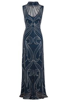 Step back in time to the glamorous era of the 1920s with the Olivia Great Gatsby Dress. This stunning vintage-style gown embodies the essence of the Art Deco era with its exquisite design and intricate detailing. Perfect for weddings, evening events, or even as a bridesmaid gown for a Downton Abbey-inspired wedding. The sleeveless, blue silhouette is both elegant and sophisticated, making you the centre of attention at any event.  Channel your inner flapper and dance the night away in this timel Fitted Art Deco Dress For Gala, Fitted Blue Flapper Dress, Elegant Blue Flapper Dress For Evening, Vintage Style Wedding Dress, Great Gatsby Dress, 1920s Great Gatsby, Charleston Dress, Blue Silhouette, Great Gatsby Dresses