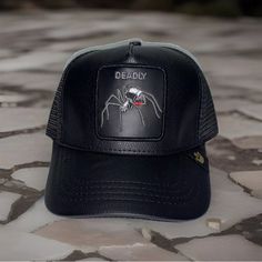 Goorin Bros The Farm Animal Trucker Deadly Spider Araa Black Red Stitching New Condition: New With Tags Patch: Deadly ( Black Widow) Color: Black Araa Negra - Black Widow - New Black Snapback Trucker Hat For Halloween, Black Snapback Baseball Cap For Halloween, Halloween Black Snapback Baseball Cap, Black Halloween Trucker Hat, Black Halloween Snapback Baseball Cap, Black Hat With Letter Print And Short Brim, Black Adjustable Baseball Cap For Halloween, Black Baseball Cap With Letter Print, Black Trucker Hat With Letter Print For Outdoor