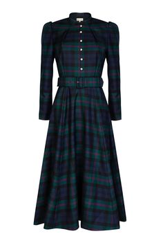 The Ahana Dress in Tartan - a classic, wardrobe must-have. Crafted from a beautiful blue and green wool crepe, this dress has a full skirt and tailored bodice. The Ahana is an elegant choice for any season, and produced in a RWS certified wool crepe with a fit and flare silhouette. The short stand neckline has been updated and the elegant sweeping skirt is belted at the waist for a figure-defining fit. We love the charming button front detail. Made in London, supporting British manufacturing. The RWS (responsible wool standard) certification requires all sites, from wool farmers to the entire supply chain, to be certified. RWS farmers and ranchers must meet animal welfare, land management and social requirements. Beulah London, Floral Evening Dresses, Wool Crepe, Silk Shift Dress, Chiffon Midi Dress, Tartan Dress, Check Dress, Classic Wardrobe, Feminine Aesthetic