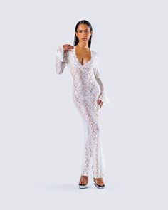 The type of dress that will have them thinking about you forever ☁️ give them something to remember in this white lace maxi dress. Complete with a deep V neckline, long sleeves, a mermaid skirt, and a ruffled sleeve hem 🕊️ Leave little to the imagination -- 'dress' is sheer & undergarments are not included 👀 White Corset Dress, White Lace Maxi Dress, White Lace Maxi, Thinking About You, Rhinestone Top, Something To Remember, Mesh Maxi Dress, White Corset, Sequin Mini Skirts