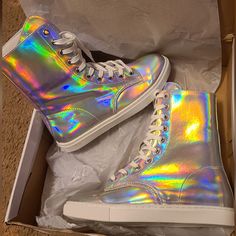 No Longer Available On The Yru Website. Never Been Worn Except To Try On One Shoe. They Didn't Fit My Large Calves Comfortably And I Spaced On Returning Them Until It Was Too Late. Have Been Stored In The Box In Their Bags Ever Since. Box Is A Little Smooshed From Storage But Shoes Are Mint. Size 8 Holographic Mid-Calf Regular Sole, No Platform Might Trade For Another Pair Of Yru Shoes Or A Pair Of Extra Wide Steel Toe Shoes Holographic Boots, Neon Disco, Yru Shoes, Dream Shoe, 2024 Moodboard, Meow Wolf, Glitter Leggings, Steel Toe Shoes, Shoe Closet