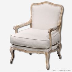 an old fashioned chair with white linen upholstered on the back