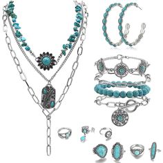 PRICES MAY VARY. 【Turquoise Jewelry Set】In your jewelry set, you'll find a layered necklace with a turquoise-stone pendant necklace, a pair of half-hooping earrings, layered bracelets, and 9pcs Rings 【Layered design】turquoise pendant long choker necklace is easy to wear and take off, long enough for you to adjust length and shape according to your preferences and matching needs, the bohemian pendant earrings are lightweight 【Jewelry Set Size】 long choker pendant necklace is made of faux leather Boho Gemstone Jewelry, Long Choker Necklace, Thrift List, Turquoise Jewelry Set, Country Jewelry, Layered Bracelet, Cowgirl Jewelry, Light Weight Jewelry, Choker Pendant