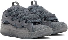 Low-top nappa calfskin, suede, and mesh sneakers in gray. · Piping, cutouts, and rubberized trim throughout · Perforated detailing at toe · Lace-up closure · Pull-loop and logo plaque at tongue · Padded tongue and collar · Logo embossed at outer side · Jersey lining · Treaded rubber sole Supplier color: Light grey Gray Leather High-top Sneakers With Laces, Mesh Sneakers, Gray Leather, Grey Leather, Lanvin, Color Light, Low Top, Piping, Calf Skin